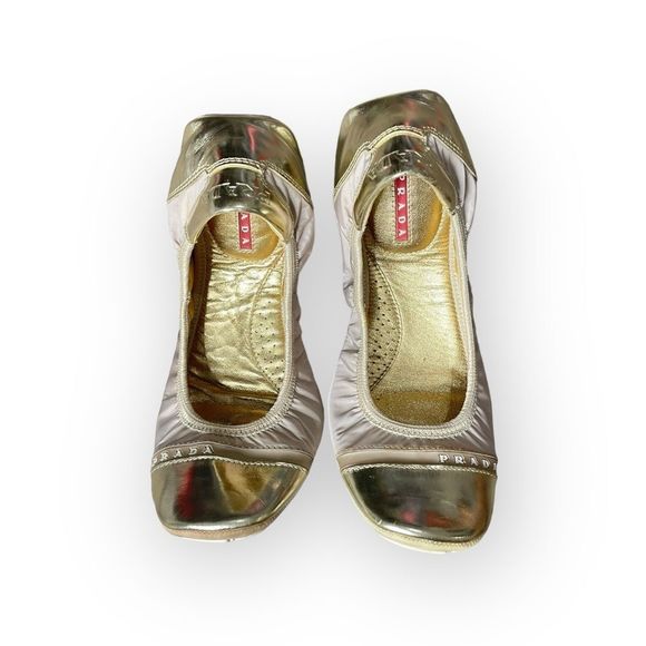 PRADA Leather & Nylon Scrunch Ballet Flats Shoes - Gold and Cream - Size 36 - Picture 1 of 11